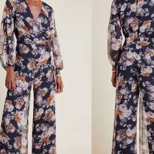Floral jumpsuit with sheer long sleeves and side tie. Never been worn.